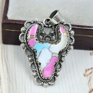 Bull Head Carved Cotton Candy Turquoise 925 Sterling Silver Pendant (RS113-359)
