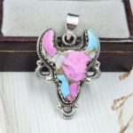 Bull Head Carved Cotton Candy Turquoise 925 Sterling Silver Pendant (RS113-358)