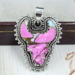 Bull Head Carved Cotton Candy Turquoise 925 Sterling Silver Pendant (RS113-355)