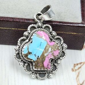 Clove Carved Cotton Candy Turquoise 925 Sterling Silver Pendant (RS113-373)
