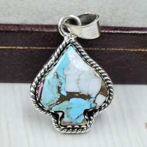 Spade Carved Cotton Candy Turquoise 925 Sterling Silver Pendant (RS113-369)