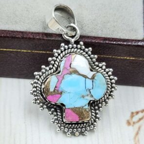Clove  Carved Cotton Candy Turquoise 925 Sterling Silver Pendant (RS113-372)