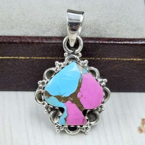 Spade Carved Cotton Candy Turquoise 925 Sterling Silver Pendant (RS113-370)