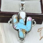 Cactus Carved Cotton Candy Turquoise 925 Sterling Silver Pendant (RS113-335)