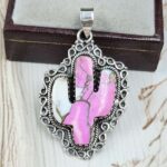 Cactus Carved Cotton Candy Turquoise 925 Sterling Silver Pendant (RS113-337)
