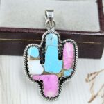 Cactus Carved Cotton Candy Turquoise 925 Sterling Silver Pendant (RS113-339)