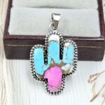Cactus Carved Cotton Candy Turquoise 925 Sterling Silver Pendant (RS113-332)