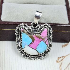 Cat Carved Cotton Candy Turquoise 925 Sterling Silver Pendant (RS113-330)