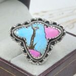 Bull Head Carved Cotton Candy Turquoise 925 Sterling Silver Ring  (RS113-433)