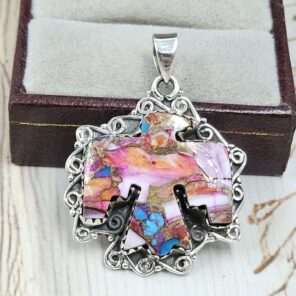 Eagle Carved Pink Dahlia Turquoise 925 Sterling Silver Pendant (RS113-382)