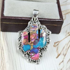 Cactus Carved Pink Dahlia Turquoise 925 Sterling Silver Pendant (RS113-381)