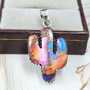 Cactus Carved Pink Dahlia Turquoise 925 Sterling Silver Pendant (RS113-380)