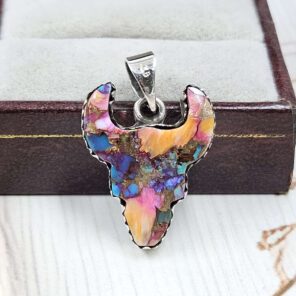 Bull Head Carved Pink Dahlia Turquoise 925 Sterling Silver Pendant (RS113-378)