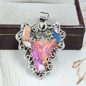 Bull Head Carved Pink Dahlia Turquoise 925 Sterling Silver Pendant (RS113-379) (Copy)