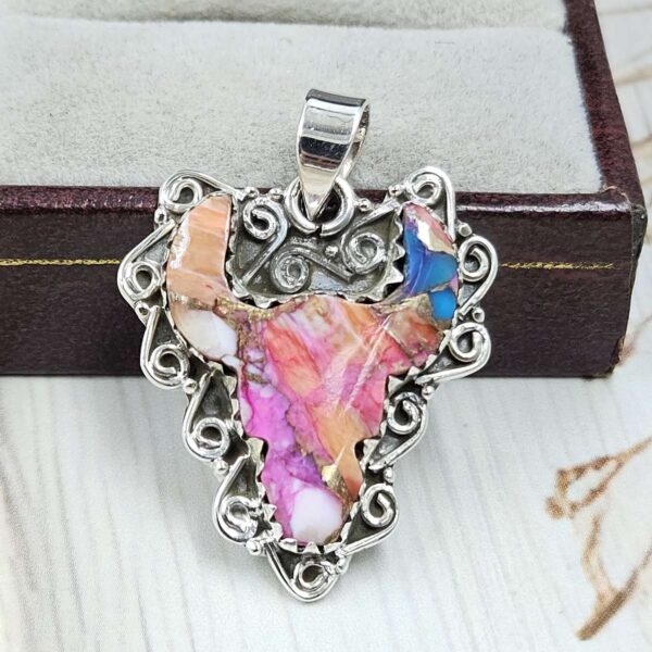 Bull Head Carved Pink Dahlia Turquoise 925 Sterling Silver Pendant (RS113-379) (Copy)