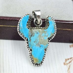Bull Head Carved Mohave Turquoise 925 Sterling Silver Pendant (RS113-384)