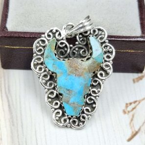 Bull Head Carved Mohave Turquoise 925 Sterling Silver Pendant (RS113-383)