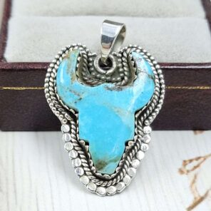 Bull Head Carved Mohave Turquoise 925 Sterling Silver Pendant (RS113-385)