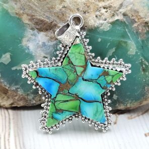 Star Carved Peacock Dahlia Turquoise 925 Sterling Silver Pendant (RS113-313)