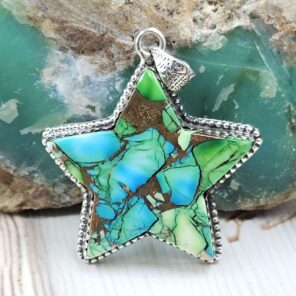 Star Carved Peacock Dahlia Turquoise 925 Sterling Silver Pendant (RS113-312)