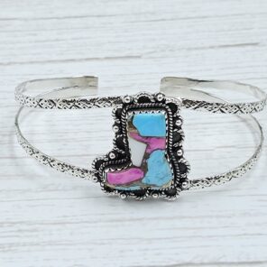 Cowboy Boot Carved Cotton Candy Turquoise 925 Silver Bangle (REXT38-81)