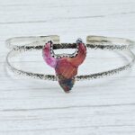 Bull Head Carved Pink Dahlia Turquoise 925 Silver Bangle (REXT38-99)