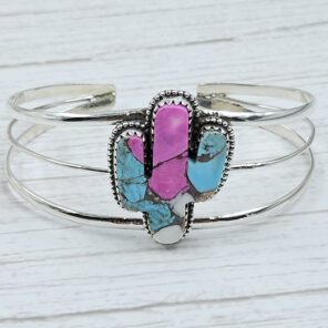 Cactus Carved Cotton Candy Turquoise 925 Silver Bangle (REXT38-63)