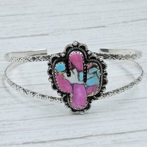 Cactus Carved Cotton Candy Turquoise 925 Silver Bangle (REXT38-64)