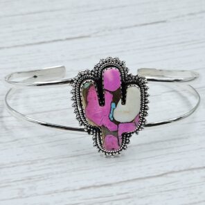 Cactus Carved Cotton Candy Turquoise 925 Silver Bangle (REXT38-65)