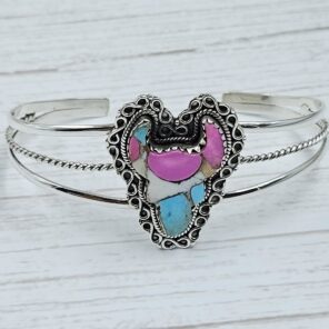 Bull Head Carved Cotton Candy Turquoise 925 Silver Bangle (REXT38-75)