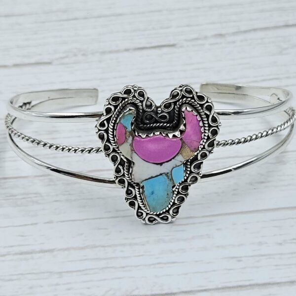 Bull Head Carved Cotton Candy Turquoise 925 Silver Bangle (REXT38-75)