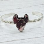 Bull Head Carved Red Rose Dahlia Turquoise 925 Silver Bangle (REXT38-90)