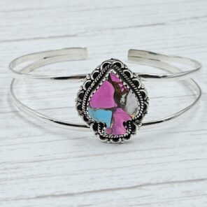 Spade Carved Cotton Candy Turquoise 925 Silver Bangle (REXT38-78)