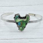 Bull Head Carved Peacock Dahlia Turquoise 925 Silver Bangle (REXT38-85)