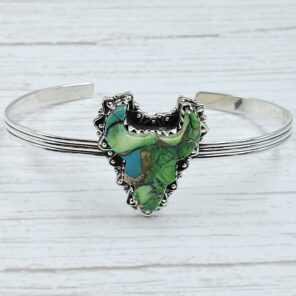 Bull Head Carved Peacock Dahlia Turquoise 925 Silver Bangle (REXT38-85)