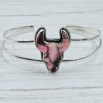 Bull Head Carved Red Rose Dahlia Turquoise 925 Silver Bangle (REXT38-89)