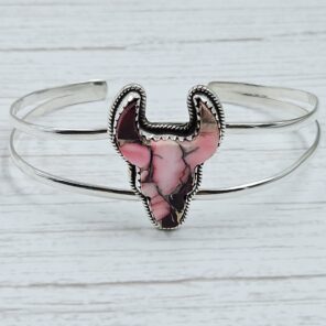 Bull Head Carved Red Rose Dahlia Turquoise 925 Silver Bangle (REXT38-89)