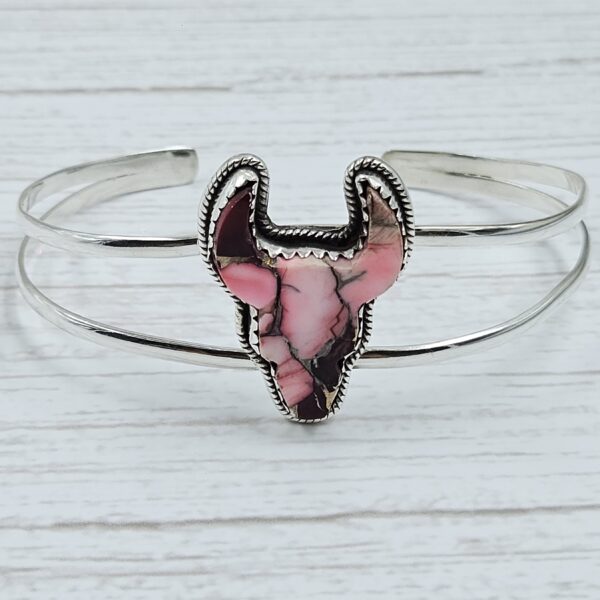 Bull Head Carved Red Rose Dahlia Turquoise 925 Silver Bangle (REXT38-89)