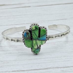 Cactus Carved Peacock Dahlia Turquoise 925 Silver Bangle (REXT38-82)