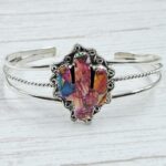 Cactus Carved Pink Dahlia Turquoise 925 Silver Bangle (REXT38-102)