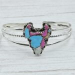 Bull Head Carved Cotton Candy Turquoise 925 Silver Bangle (REXT38-74)
