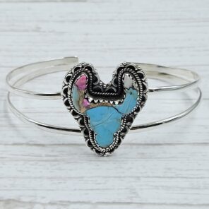 Bull Head Carved Cotton Candy Turquoise 925 Silver Bangle (REXT38-73)