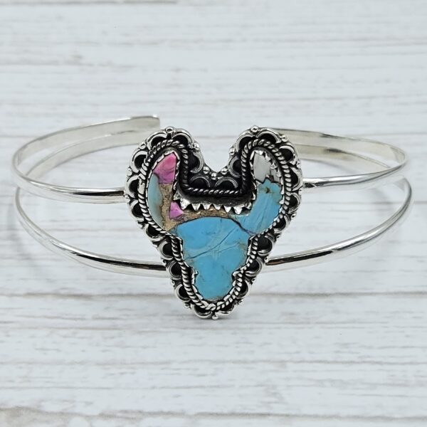 Bull Head Carved Cotton Candy Turquoise 925 Silver Bangle (REXT38-73)