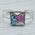 Butterfly Carved Cotton Candy Turquoise 925 Silver Bangle (REXT38-76)