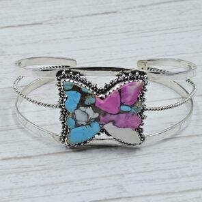 Butterfly Carved Cotton Candy Turquoise 925 Silver Bangle (REXT38-76)