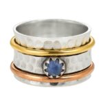 Rainbow Moonstone Two Tone Spinner Meditation 925 Silver Ring (REXT112-44)