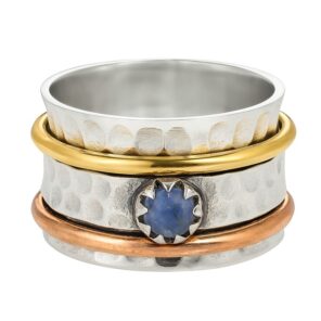 Rainbow Moonstone Two Tone Spinner Meditation 925 Silver Ring (REXT112-44)