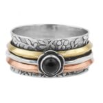 Black Onyx Three Tone Spinner Meditation 925 Silver Ring (REXT112-38)