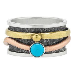 Kingman Turquoise Two Tone Spinner Meditation 925 Silver Ring (REXT112-47)