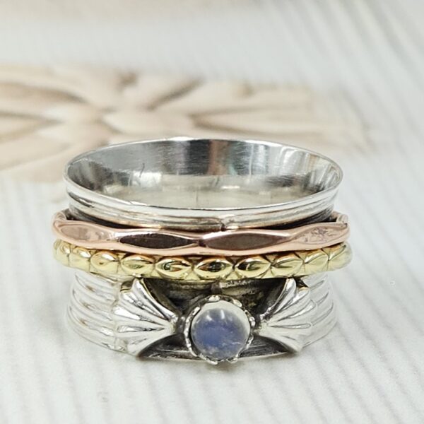 Rainbow Moonstone Three Tone Spinner Meditation Ring (REXT112-15) - Image 2